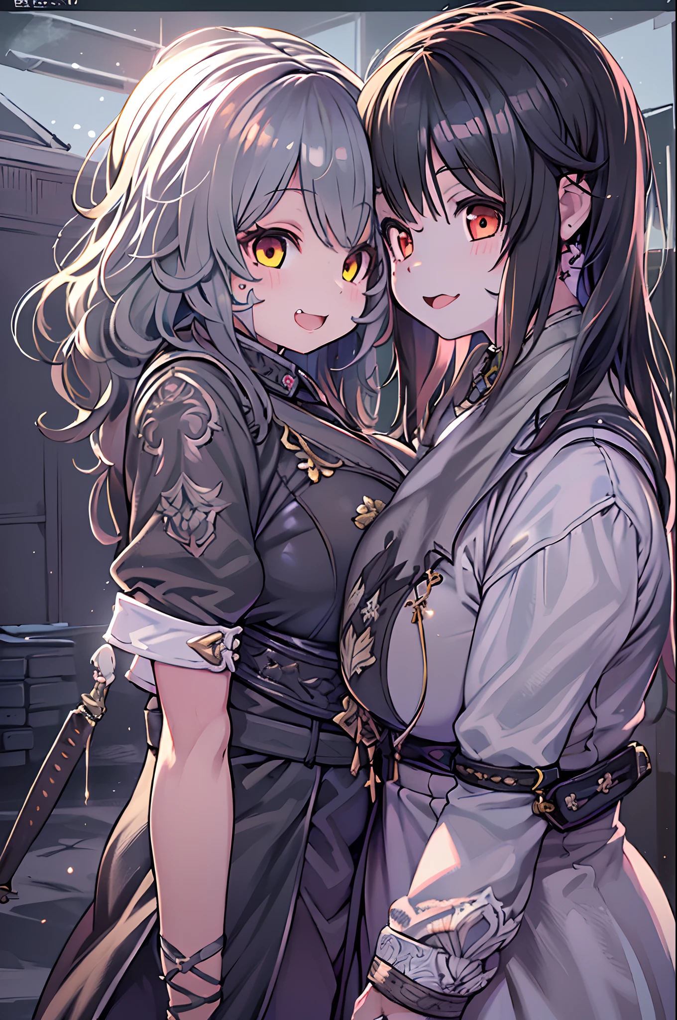 masutepiece, Great fashion, (Fashion Costumes), (Illustration), (2 people),(2girls:1.3) 、12-year-old young couple, lesbian、Girls to girls、(Russian mil style), Fashion, Silver hair, (Long hair), (hair messy), (White skin), (dark circles), Handsome, Dance Steps, trending, dark gray,, close up, (grand background), (Chiaroscuro)), Fine facial details, Facial details, Cinematic lighting, (depth of fields), nffsw, (Upper body), Black background、(Chibi:1.5),Anime style,Under the full moon、