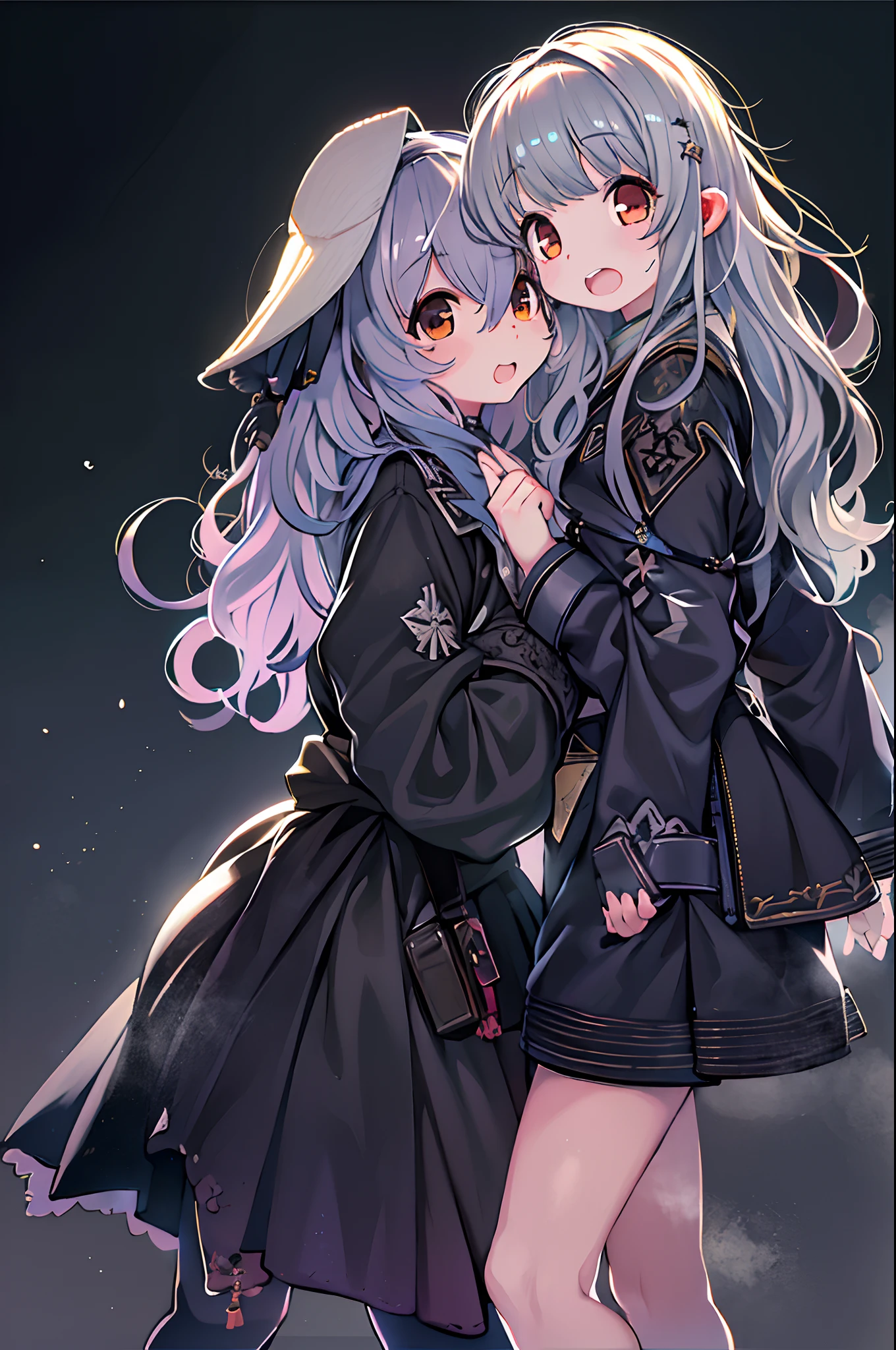 masutepiece, Great fashion, (Fashion Costumes), (Illustration), (2 people),(2girls:1.3) 、12-year-old young couple, lesbian、Girls to girls、(Russian mil style), Fashion, Silver hair, (Long hair), (hair messy), (White skin), (dark circles), Handsome, Dance Steps, trending, dark gray,, close up, (grand background), (Chiaroscuro)), Fine facial details, Facial details, Cinematic lighting, (depth of fields), nffsw, (Upper body), Black background、(Chibi:1.5),Anime style,Under the full moon、
