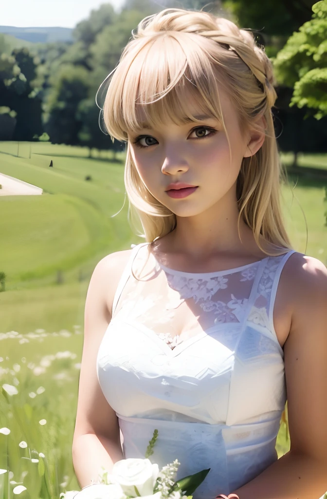 A girl,,european countryside,blonde,bangs bangs,pretty face,wedding dress,muscular arms