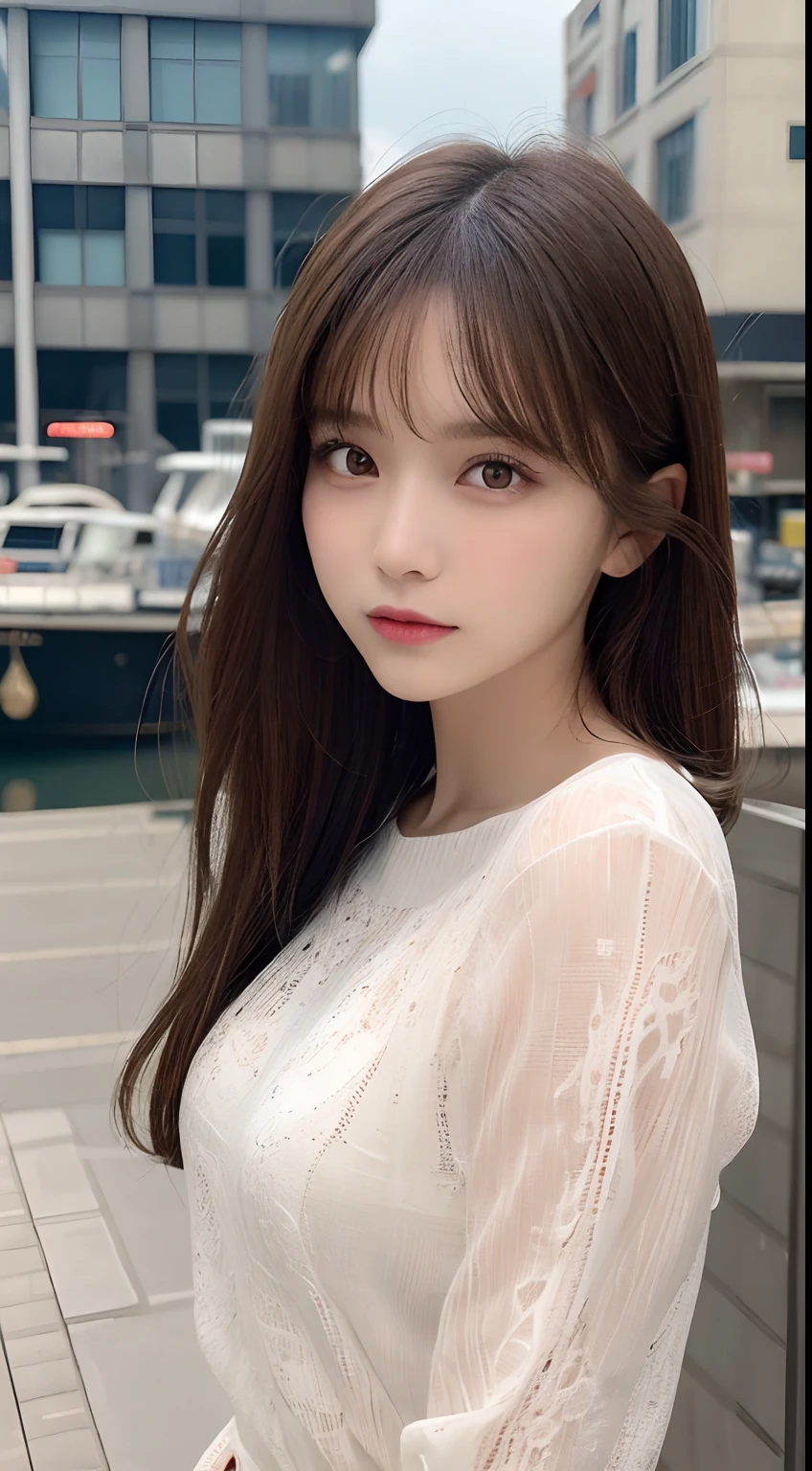 masutepiece, Best Quality, Illustration, Ultra-detailed, finely detail, hight resolution, 8K Wallpaper, Perfect dynamic composition, Beautiful detailed eyes, Long sleeve blouse,Dark brown hair color ,Small breasts, Natural Color Lip, Cute poses that men seem to like,Random situations,Slender body,Slender face,20 years girl,Background blur,harbour