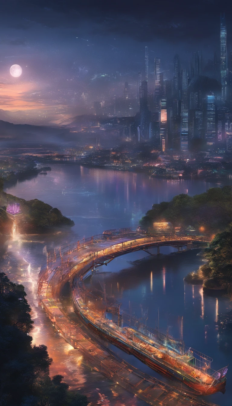 The view of the cruise ship through the river at night, 1 glowing bridge crossing river, author:Patrick Cheng, dreamy Chinese towns, by Bayard Wu, long exposure 8 k, slow exposure hdr 8 k, by Yang J, author:Wang Lei, author:Adrian Zingg, best photography of 2 0 2 1, by Raymond Han, 4K, 4 k''
