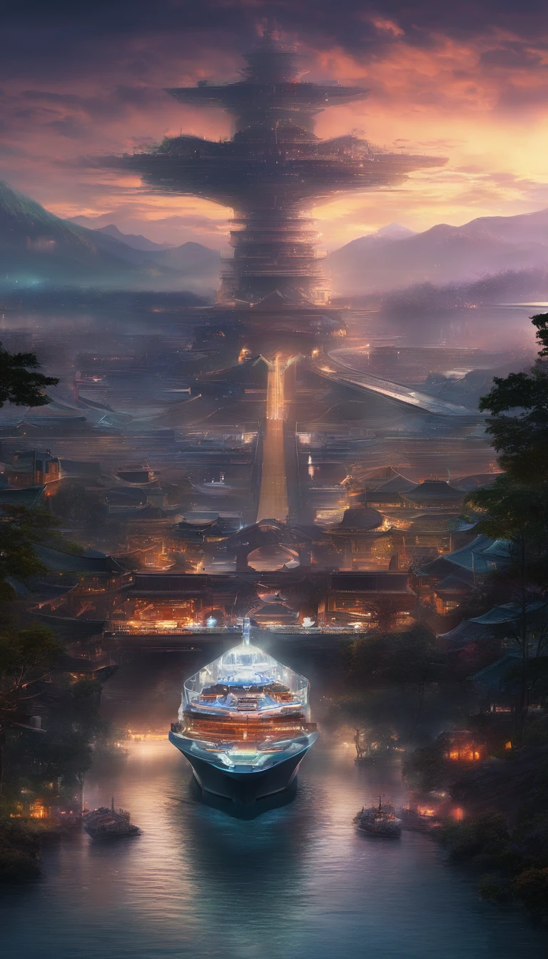 The view of the cruise ship through the river at night, 1 glowing bridge crossing river, author：Patrick Cheng, dreamy Chinese towns, by Bayard Wu, long exposure 8 k, slow exposure hdr 8 k, by Yang J, author：Wang Lei, author：Adrian Zingg, best photography of 2 0 2 1, by Raymond Han, 4K, 4 k''