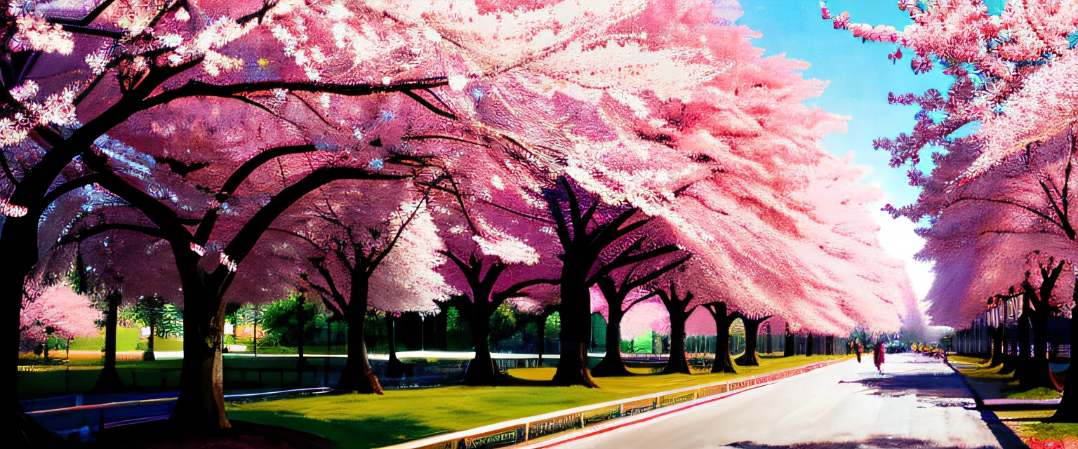 Purple trees line the streets,Bench and a man walking, Cherry blossom forest, sakura season dynamic lighting, the cherry trees, under a sakura tree, sakura season, Lush cherry blossom trees, Cherry blossoms, Cherry blossom trees, cherry blossom, Pink Forest, lush sakura, cherry blossoms falling, the cherry trees, cherry blossoms in the wind, the cherry trees,The background is a college campus, jen bartel, author:Craig Thompson, vibrant gouache painting scenery, Stylized digital illustration, warm color scheme art rendition, A digital painting, author:Hamish MacDonald, Farm, author:Michael Suterfin, Detailed digital painting, in style of digital illustration, author:Echo Chernik, landscape artwork,University campus scenery,Cherry blossom avenue,soft and delicate color palette,shades of pink, White, Harmonious and peaceful atmosphere,Clusters of flowers,Sunlight shines through the cherry blossom trees,Impressionism,Flat wind