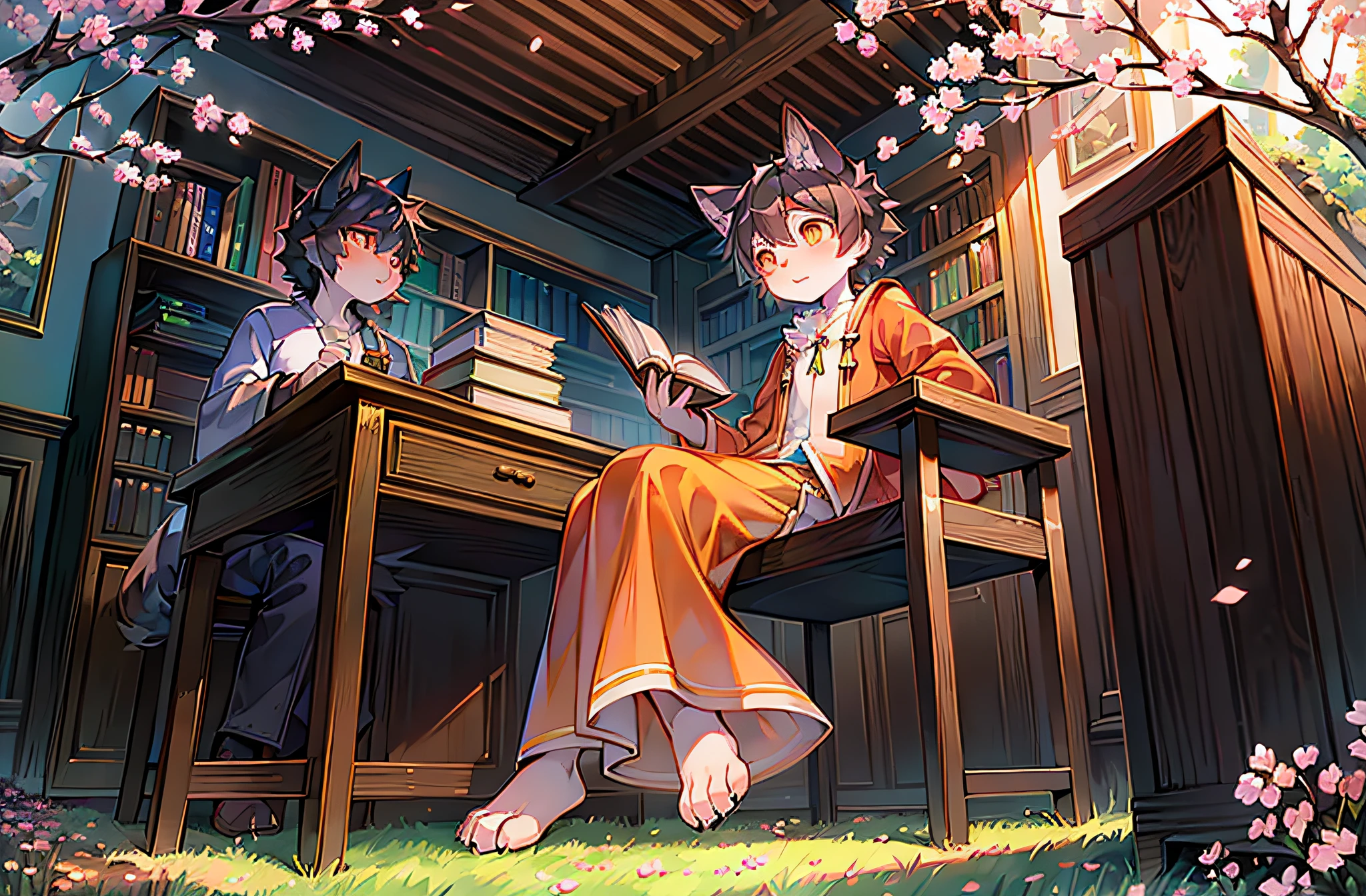 A wolf，Orange robe，rays of sunshine，sitting before a table，Peach blossom tree，book，Bright surroundings，Black hair，Orange pupils，Shota，adolable，Ambiguous gender，grassy fields，clear blue skies，falling flower petals，out a hand，Ao olhar para cima