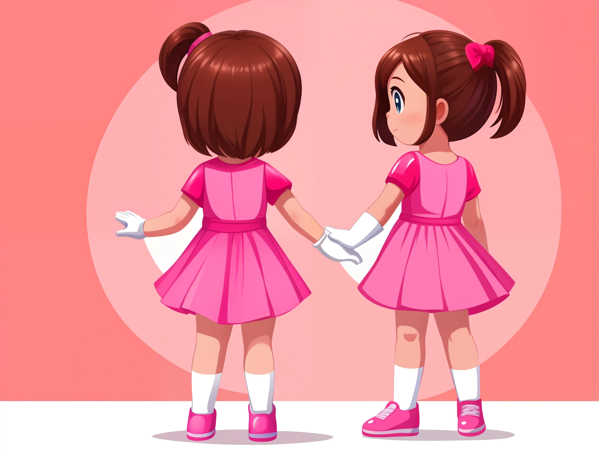 Image of the back of a 5 girl, standing, with brown hair, clean background, pink dress, white gloves, pink shoes, 2D children's illustration style.
