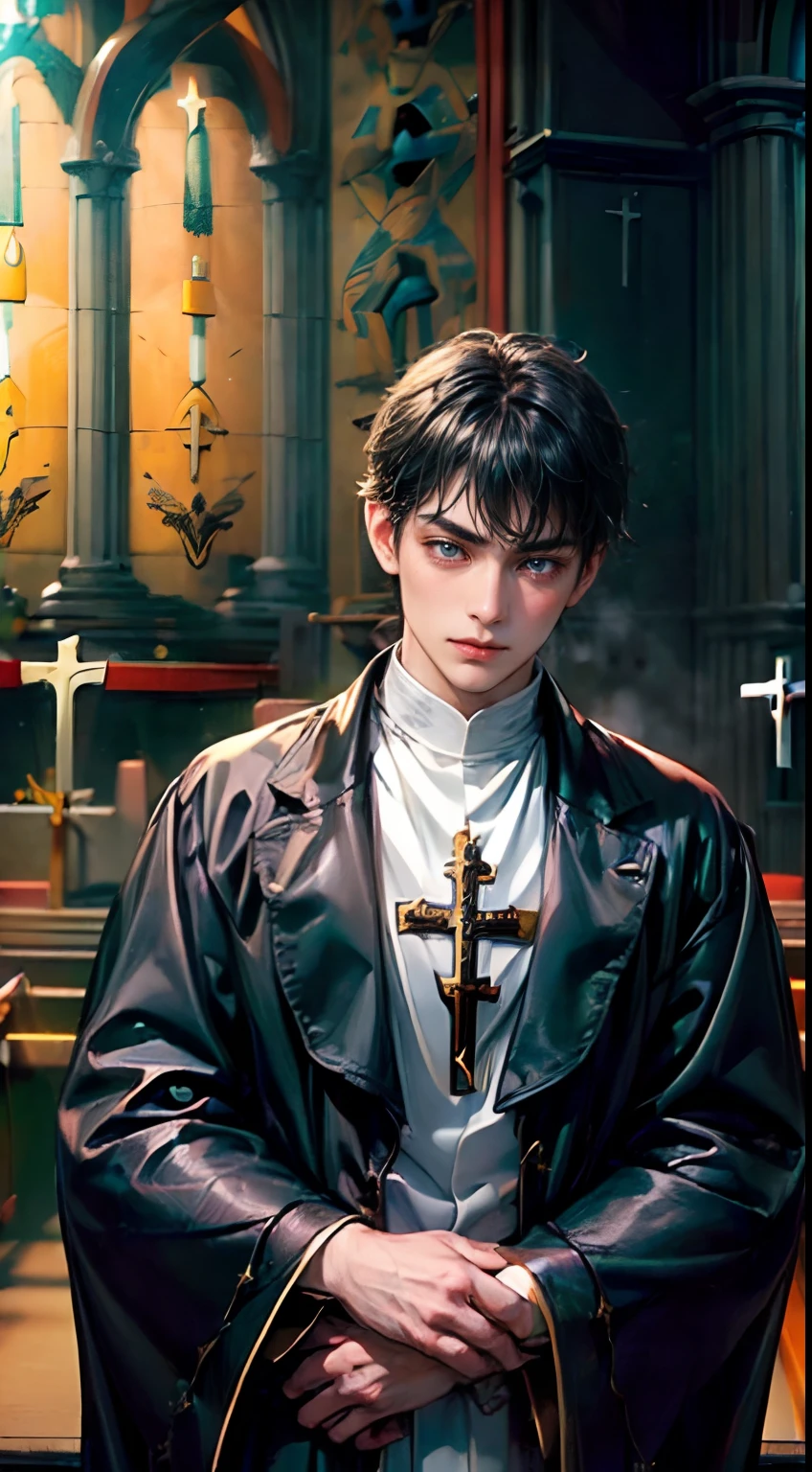 (Youth in the Church:1.8), short messy black hair, Dark eyes, Good looking man:1.8, He is dressed in an exorcist costume and has several buttons that are missing,  Fantasy, Medieval, High quality, Ultra-detailed CG, 8K Wallpapers, Highly detailed, Realistic background, full body focus:1.8, Blushing slightly, He had a seductive look on his face.、Staring at you:1.2, No one around:1.8