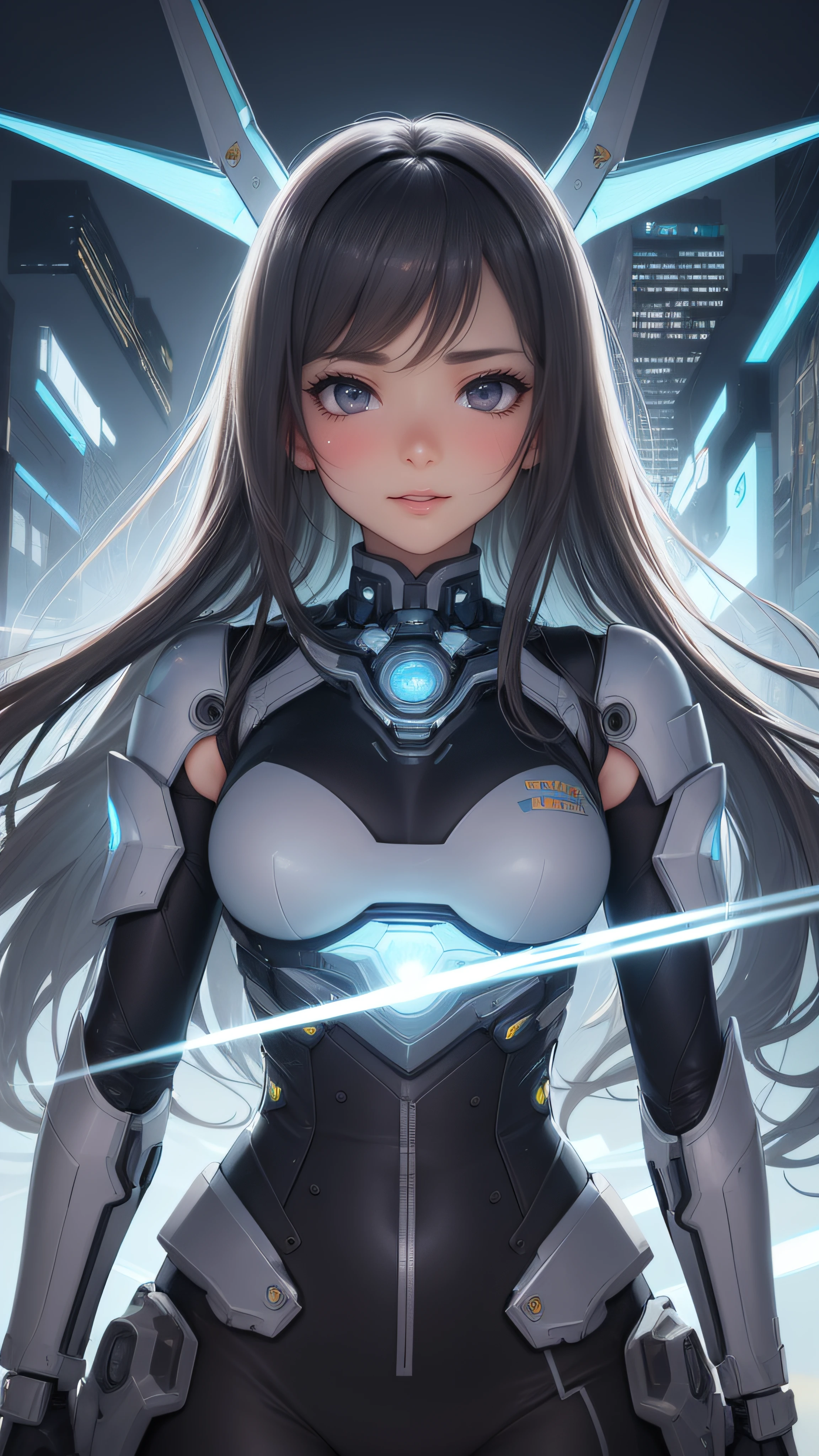 Highest image quality, outstanding details, ultra-high resolution, (realism: 1.4), the best illustration, favor details, highly condensed 1girl, with a delicate and beautiful face, dressed in a mecha,the background is a high-tech lighting scene of the future city.