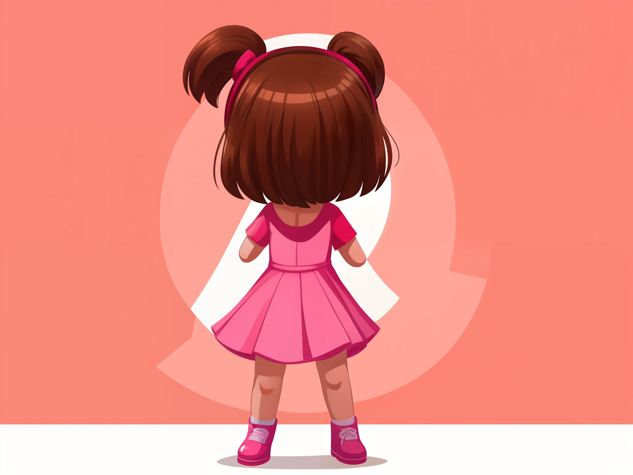 Image of the back of a 5 year old girl, standing, with brown hair, clean background, pink dress, white gloves, pink shoes, 2D children's illustration style.