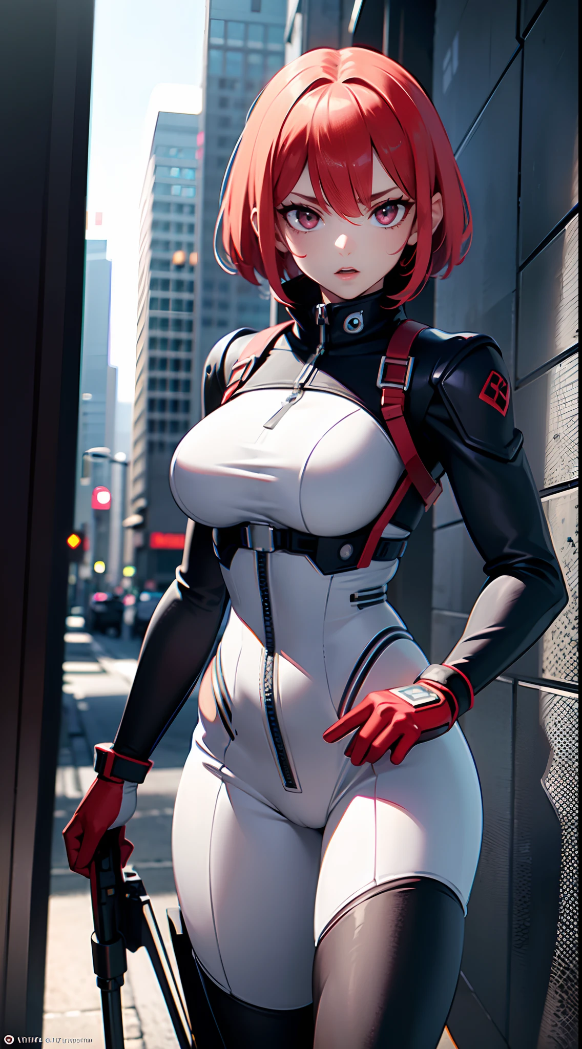 8K, Masterpiece, Best Quality, realisitic, Sharp focus, Cinematic lighting, Extremely detailed, Epic, dawn, girl, souryuuasukalangley,white, Tight suit, edgy, Sexy,urban , (Red Leon Lighting Background), open chest, Deep V Boobs, techwear,clothed,3DMM,