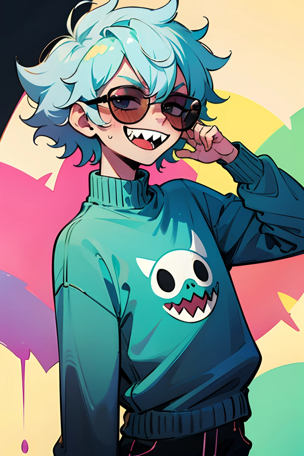 Pastel blue messy hair boy wearing a black sunglasses, 1boy, rizz smile face sharp teeth, cyan blue sweater Clothing, bright neon colors, head up shot