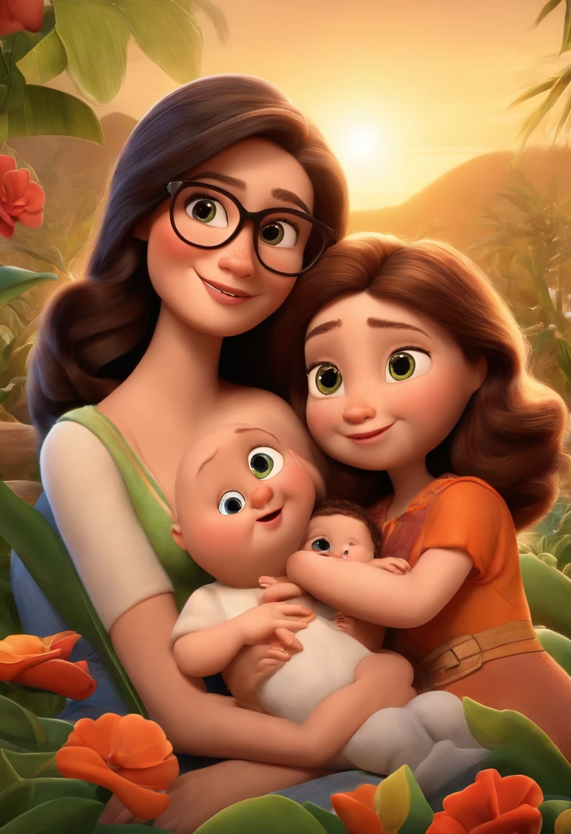 a Disney Pixar movie poster showing a white-skinned family.The mother has long black eyes and hair, magra . The baby is 10 months old and is on her mother's lap, cabelos castanhos, as duas tias tem cabelos corte long bob, wear glasses The background is a beach garden. 3D-rendering