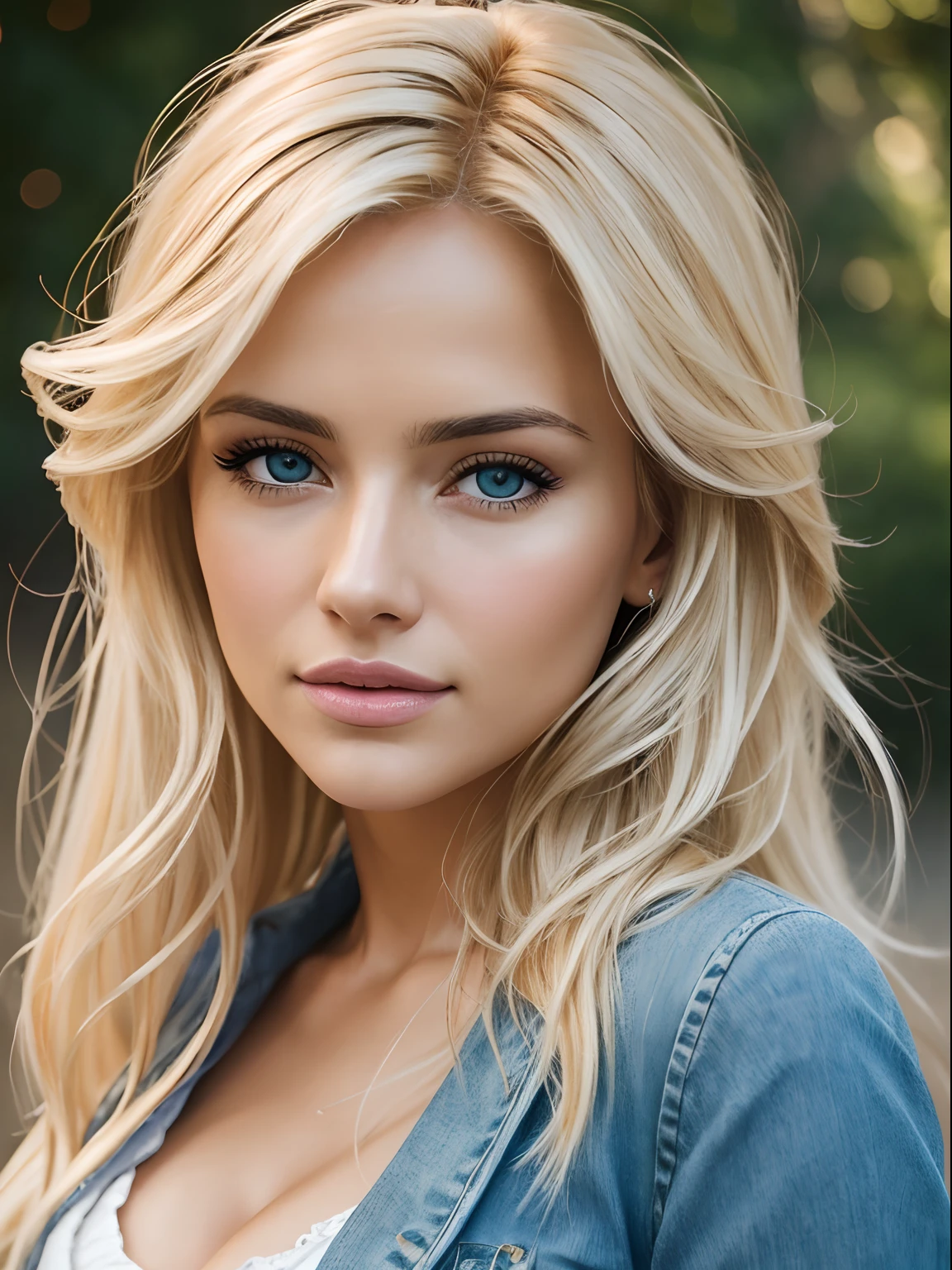 Photorealistic of a insanely beautiful woman with blonde windy messy hair, in the style of panasonic lumix s pro 50mm f/1.4, light beige and dark azure, celebrity images mashups, soft realism, barbiecore, unreal engine 5, 32k uhd, luminous quality, swiss realism, niji 5