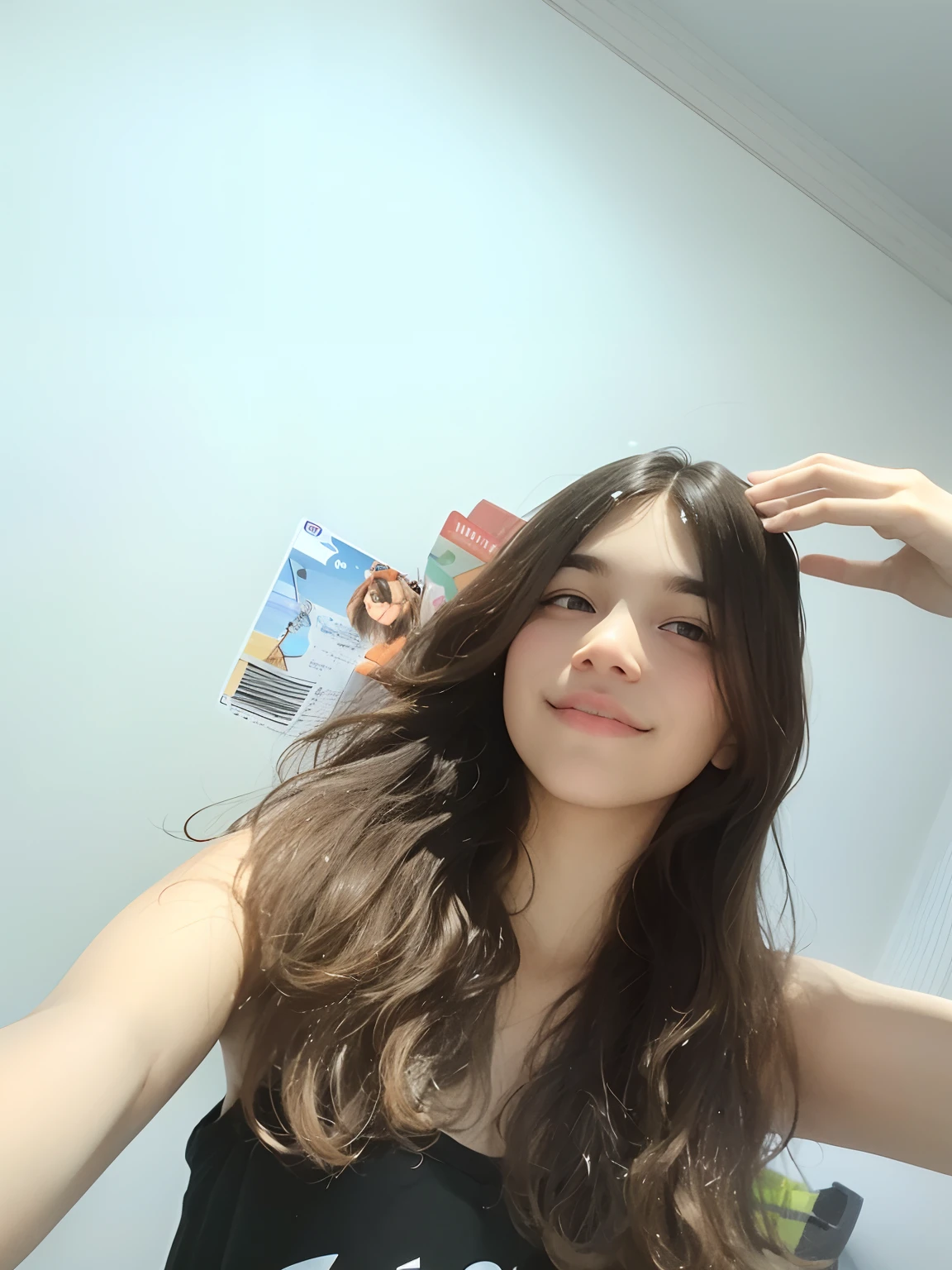 Menina, 14 anos, cabelo castanho claro, nariz empinado, sobrancelhas grossas, cabelo com as pontas onduladas, sorrindo de leve, Wearing Black Thin Frame Glasses