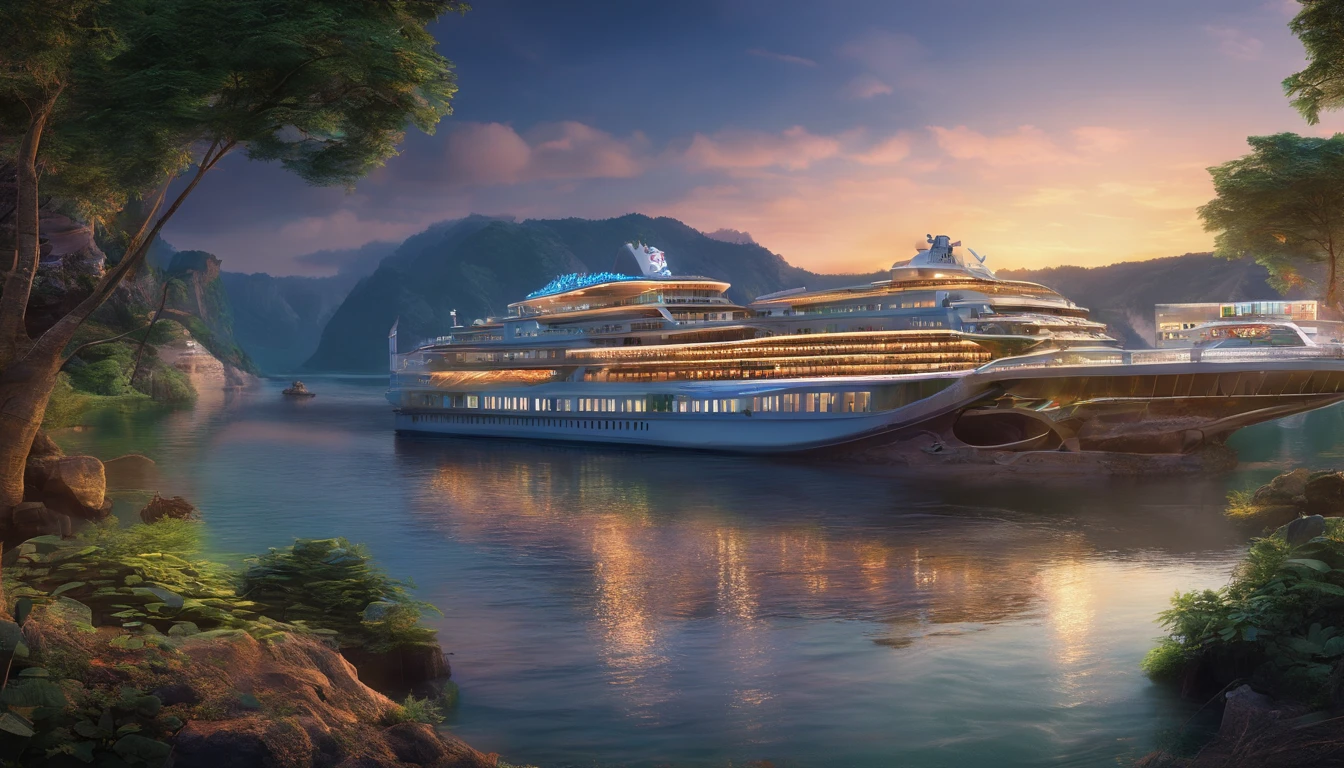 The view of the cruise ship through the river at night, 1 glowing bridge crossing river, author:Patrick Cheng, dreamy Chinese towns, by Bayard Wu, long exposure 8 k, slow exposure hdr 8 k, by Yang J, author:Wang Lei, author:Adrian Zingg, best photography of 2 0 2 1, by Raymond Han, 4K, 4 k''
