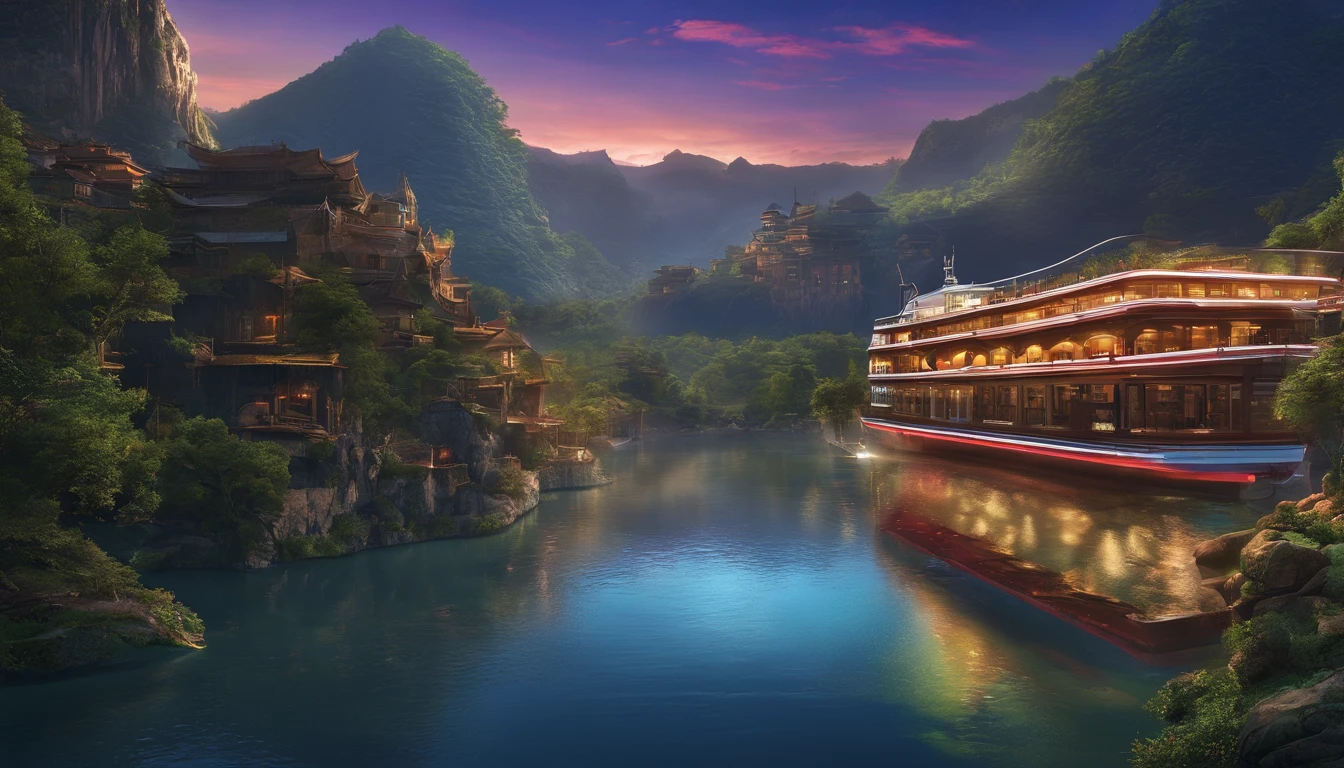 The view of the cruise ship through the river at night, 1 glowing bridge crossing river, author：Patrick Cheng, dreamy Chinese towns, by Bayard Wu, long exposure 8 k, slow exposure hdr 8 k, by Yang J, author：Wang Lei, author：Adrian Zingg, best photography of 2 0 2 1, by Raymond Han, 4K, 4 k''
