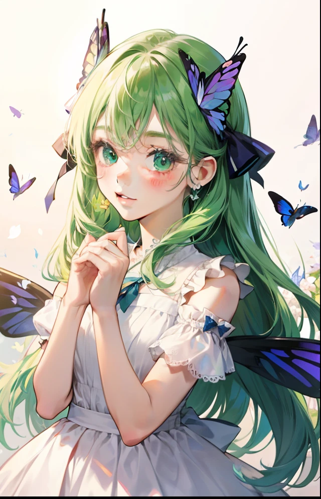girl with、Background white、without background、Green head hair、The long-haired、with blush cheeks、Embarrassing、White Dress、butterflys々、Butterfly wings grow、frilld、bow ribbon、kawaii、without background