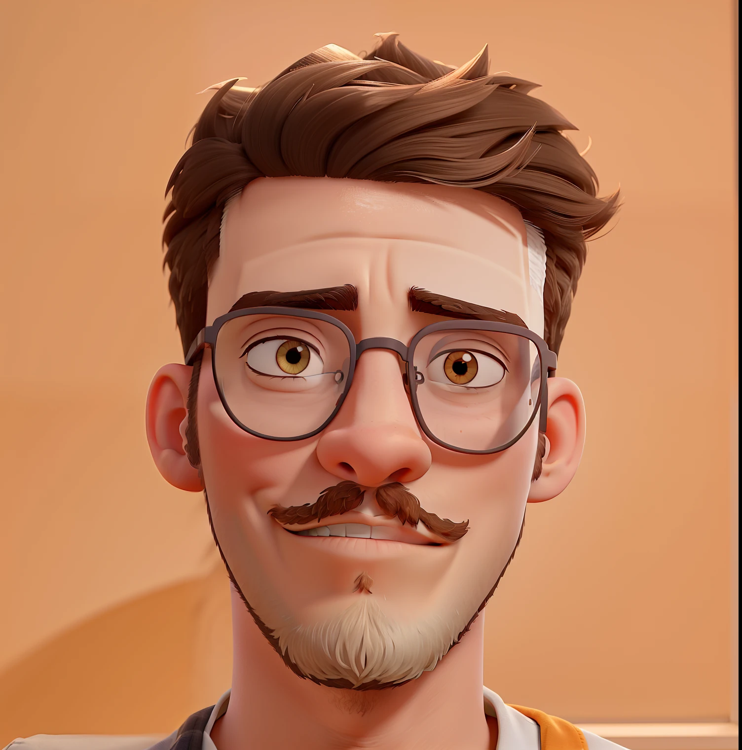Face of a white boy with thin glasses and round beard, camisa laranja e fundo laranja