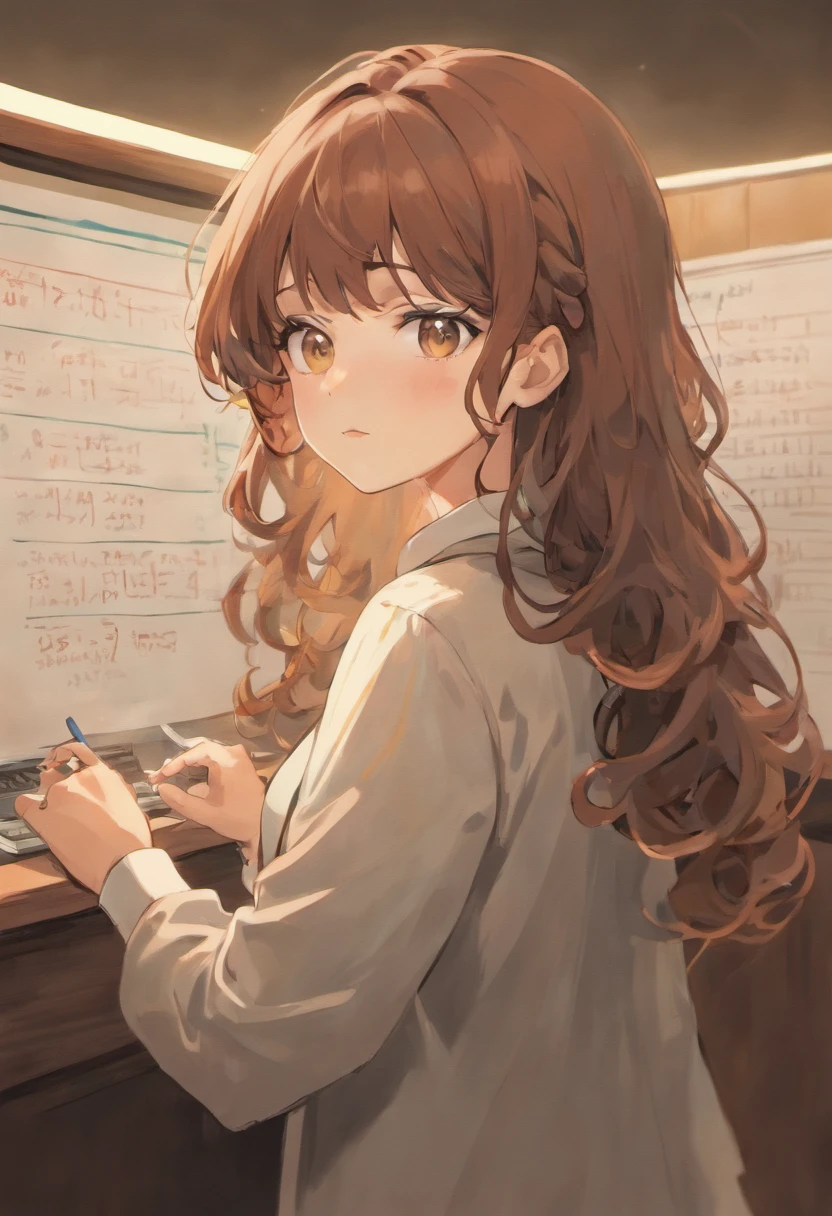 female, brown hair, curly, teacher, brown eyes, office, mature women, long hair, 90's anime