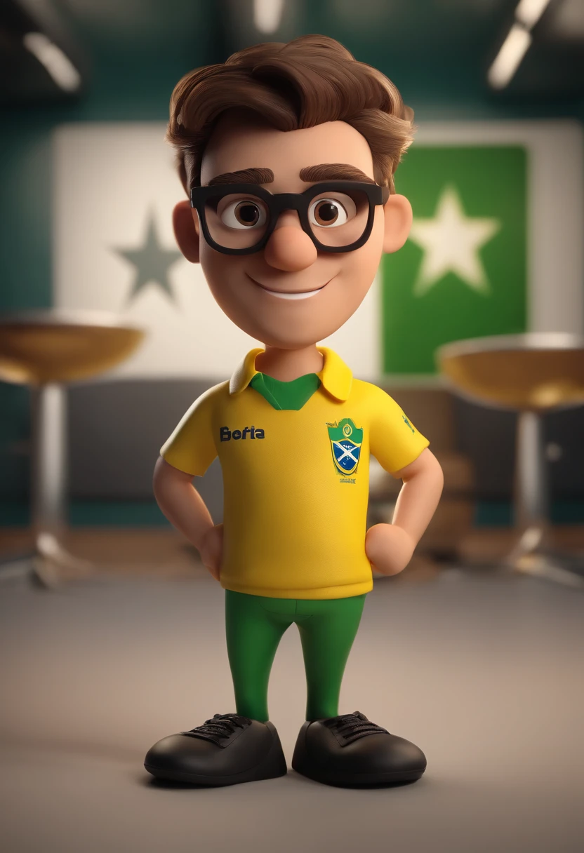 cartoon character of a man with green glasses and a Palmeiras team shirt of Brazil, bandeira verde e branca, On the side of a black stove with a white star on the side, animation character, Caractere estilizado, animation style rendering, 3D estilizado, Arnold Maya render, 3 d render stylized, toon render keyshot, Personagem 3D, Personagem 3D, 3d rendering stylized, 3 d character render, personagem de desenho animado, Personagem de close up, Pose de personagem, (Estilo Pixar) (master part:1.2) (Bokeh) (best quality) (pele detalhada) (textura detalhada) (8k) (argila) (Cinematic lighting) (foco nítido