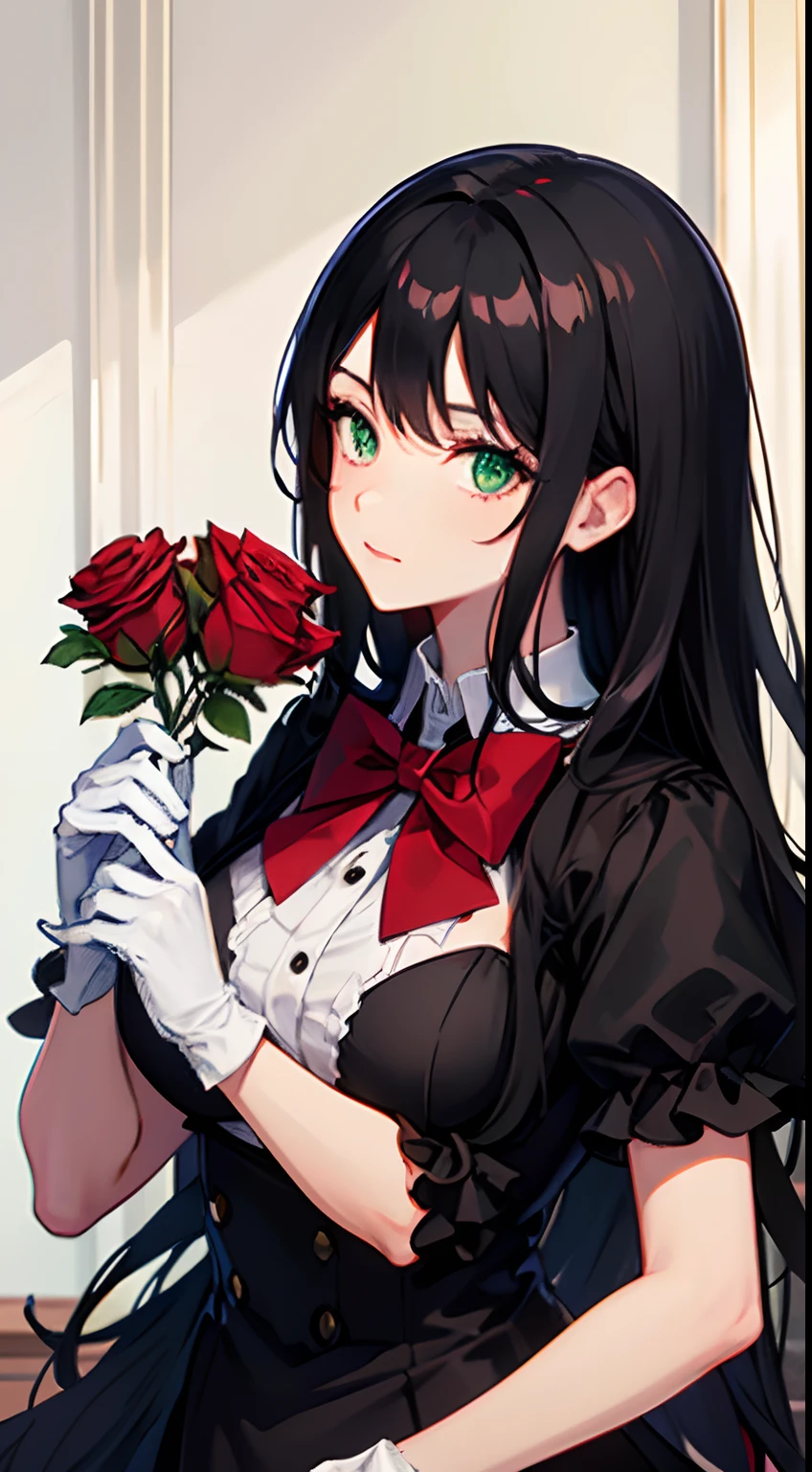 Long black hair, green eyes, black dress, red bow tie, white gloves, monocle, holding a rose, British style