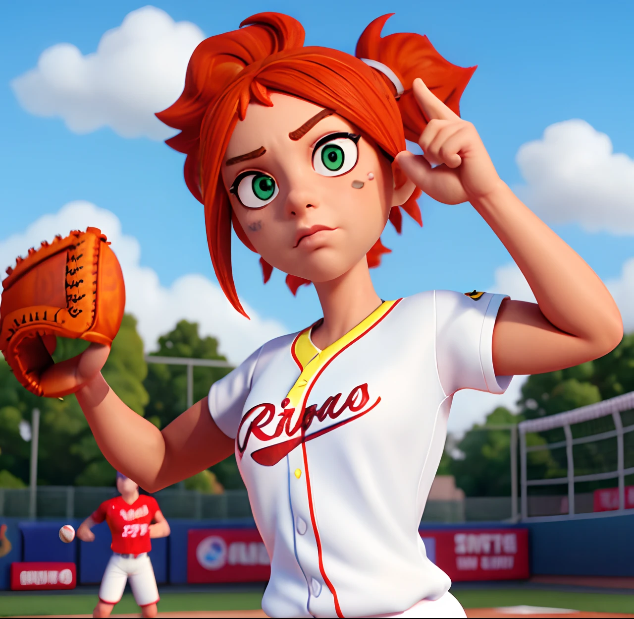 Masterpiece, (watercolor:1.3), (short stack:1.1), forward facing, eyes on camera, serious expression, (action shot:1.4) , (upper body strength:1.3), contrapposto (tattoo:1), softball pitcher, auburn hair, green eyes, (string bikini:1), pitching a softball at viewer, (focus on softball in foreground:1.4), sunny, natural lighting, High definition, excellent resolution, excellent quality, insane detail, semi realistic, postprocessed, crisp face, facial features, extremely detailed, facial features