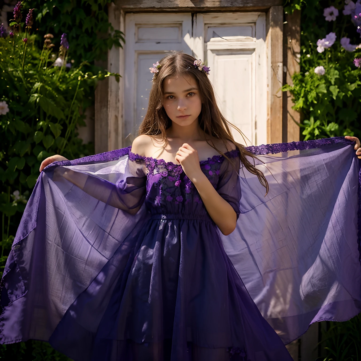 Jeune fille de 12 ans aux longs cheveux bruns et aux yeux verts pétillants. Elle porte une robe à fleurs violette avec des bottines marron, place un draps sur miroir