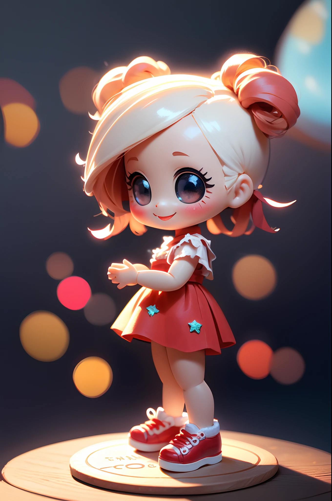 Place one small doll on a circular stand、The doll is made of crystal、A smile、Chibi Doll、Stars in the eyes（kirakira）、Raise your right hand、Eye Up、Laugh、Cute red shoes、Ultra Detail, radiant light、bio luminescent、Taken from the side、Stronger bokeh effect