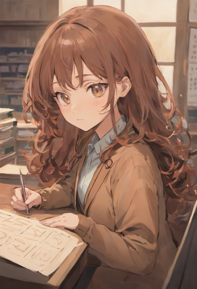 female, brown hair, curly, teacher, brown eyes, office, mature women, long hair, 90's anime, older women