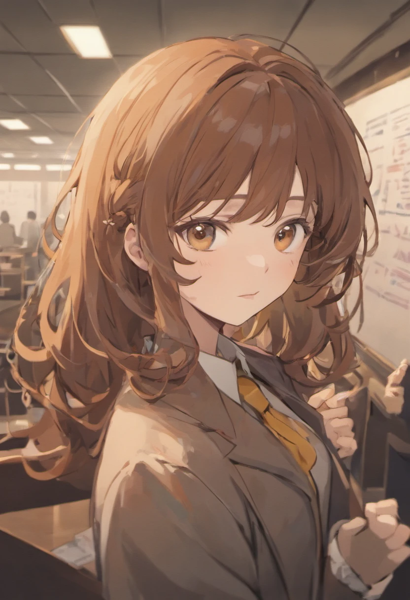 female, brown hair, curly, teacher, brown eyes, office, mature women, long hair, 90's anime, older women