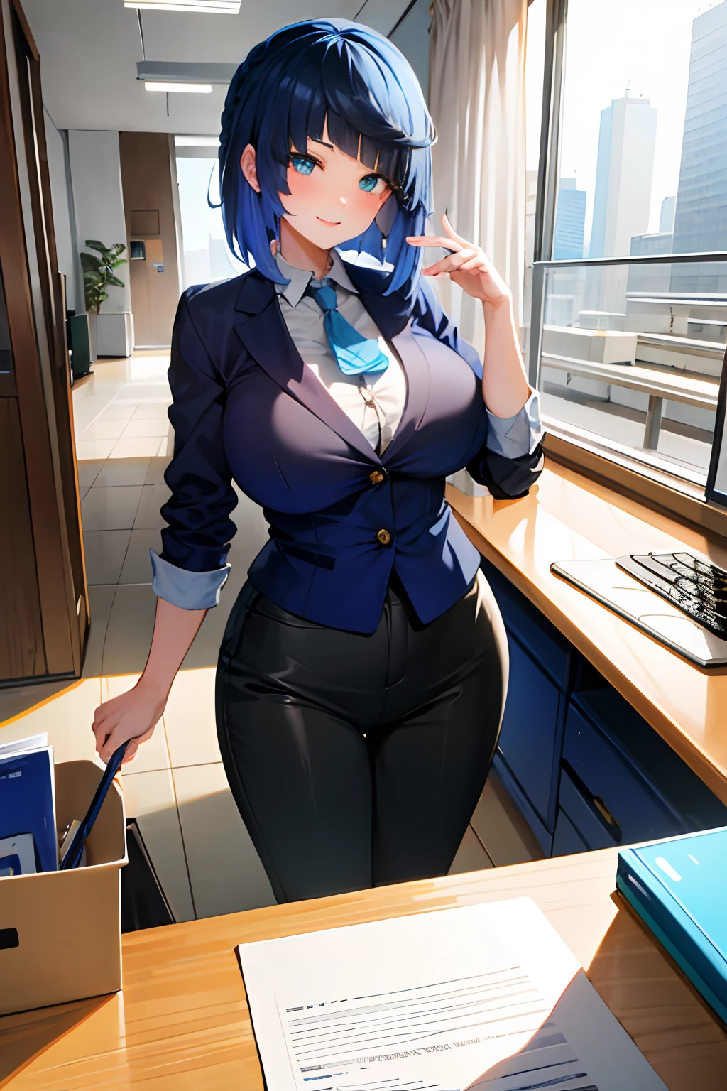 ((masterpiece, best quality)), (1girl),((mature female)), blue hair, ((office lady )),bangs,middle breast,(busty),slim,smile, [wide hips],office,standing