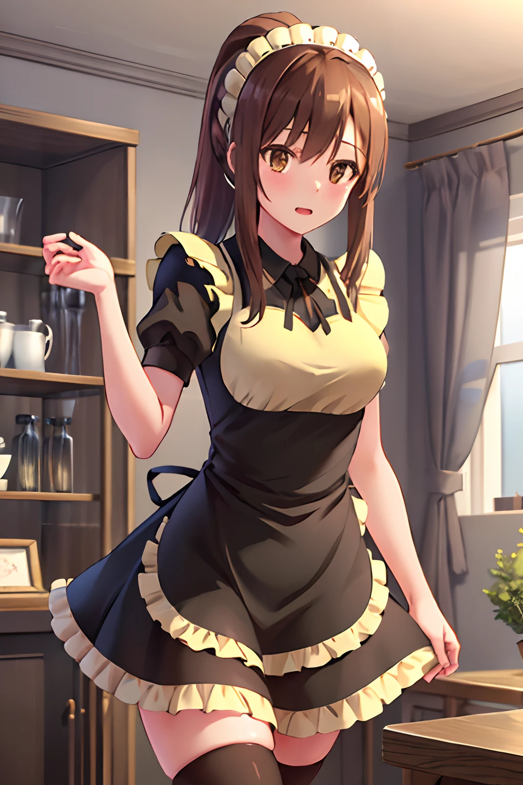 masterpiece, best quality, highres, an1, brown eyes, ponytail, maid headdress, maid, black thighhighs, skirt, short sleeves, apron, ribbon, frills, cowboy shot, indoors,