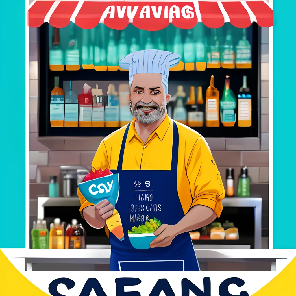 Poster baseado na Pixar de um homem 52 anos cabelos raspados com cavanhaque em uma sena de cozinha de restaurante usando roupa de cozinheiro e avental