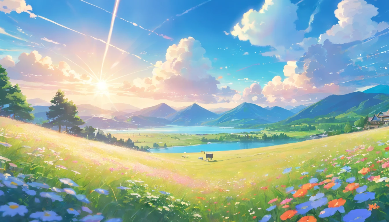 Summer, meadows, a few small flowers, clear lakes, sheep, heaven, big clouds, blue sky, hot weather, HD details, hyper-detail, cinematic, surrealism, soft light, deep field focus bokeh, distant vistas are snowy mountains, ray tracing and surrealism