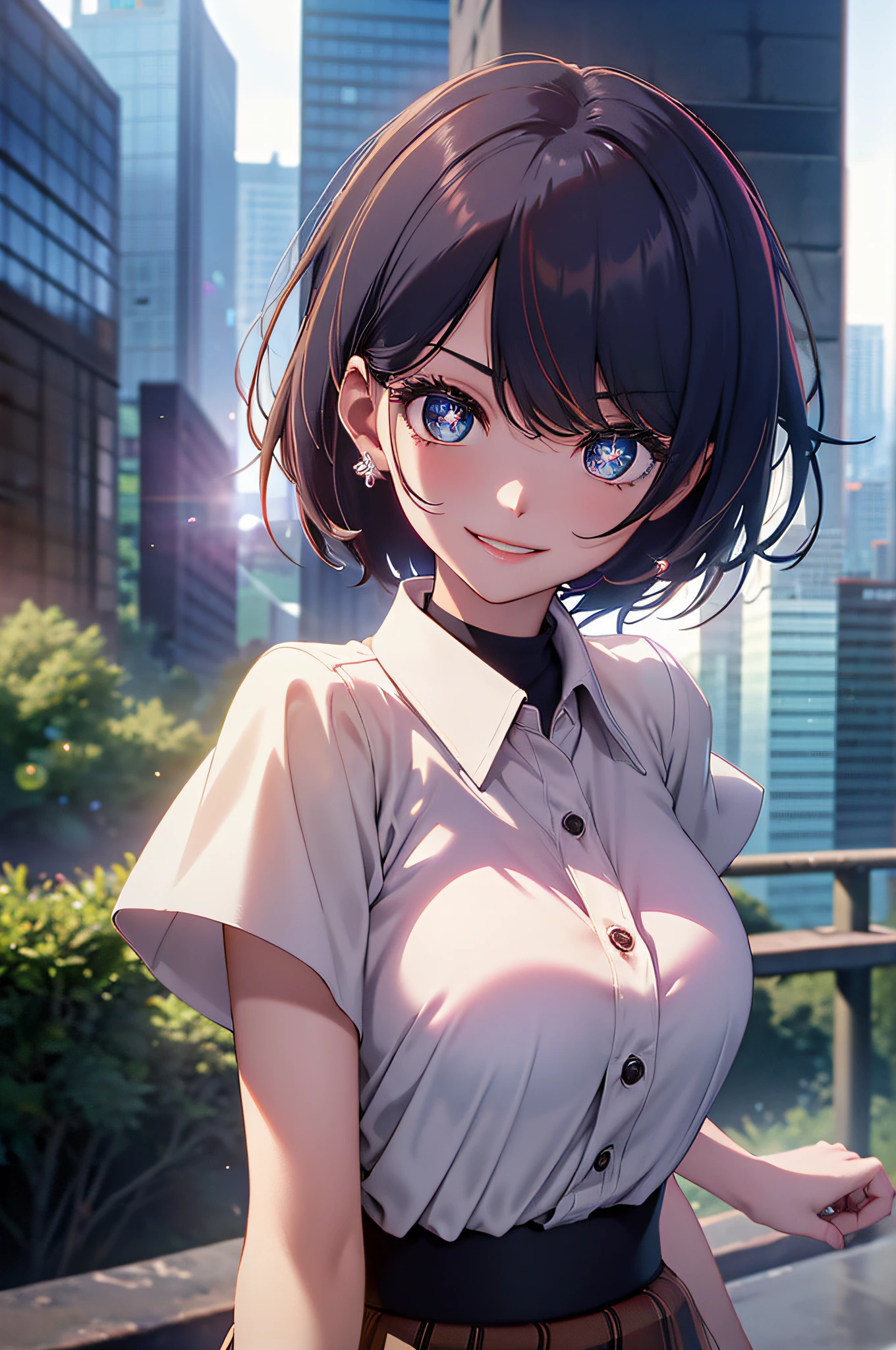 8K, masutepiece, Raw photo, Best Quality, Photorealistic, Highly detailed CG Unity 8K wallpaper, depth of fields, Cinematic Light, Lens Flare, Ray tracing, (Extremely beautiful face, Beautiful lips, Beautiful eyes), intricate detail face, ((Ultra detailed skin)) 1girl in, In the Dark, deepshadow, cute asian girl, Idol, 1 girl, (Very slim and slender fit muscular body:1.3), ((Looking at Viewer)),(Big smile:1.3), ((White collar blouse)), (Short sleeve) , (Large buildings in the daytime, tree, Bolides, (Blurred background) Cityscape, teto, Beautiful earrings, Clear eyes, (pale skin), (Big eyes), Face forward, (Brown hairs),((plaid skirts)), (Looking at Viewer:1.3), opened breast, (Very slim), medium breasts, (Camel toe), Short hair