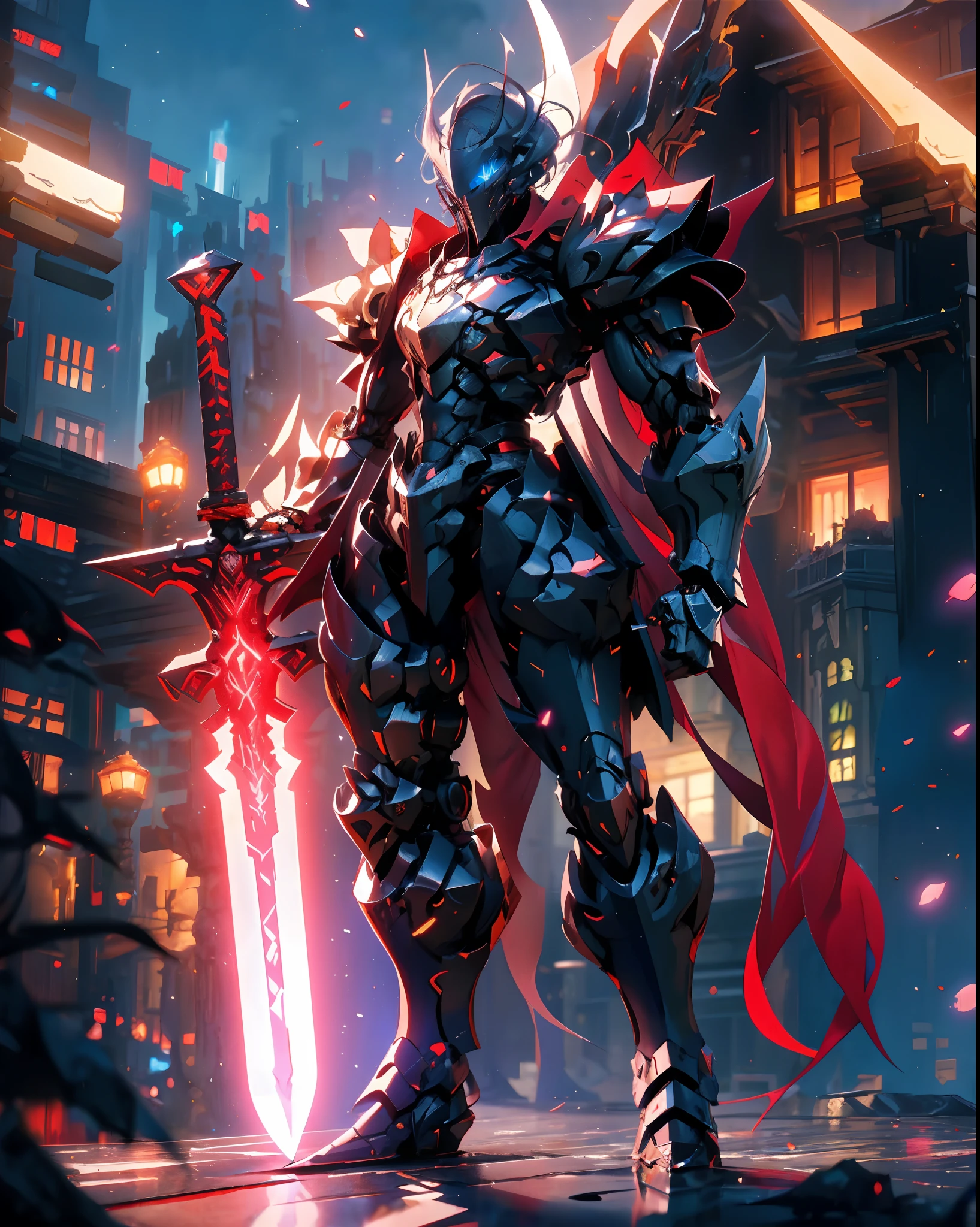 male knight with a sword in a city, darksiders art style, 2. 5 d cgi anime fantasy artwork, badass anime 8 k, anime epic artwork, style of raymond swanland, portrait of ninja slayer, by Yang J, darksiders style, ares with heavy armor and sword, guilty gear strive splash art, from arknights, (man)