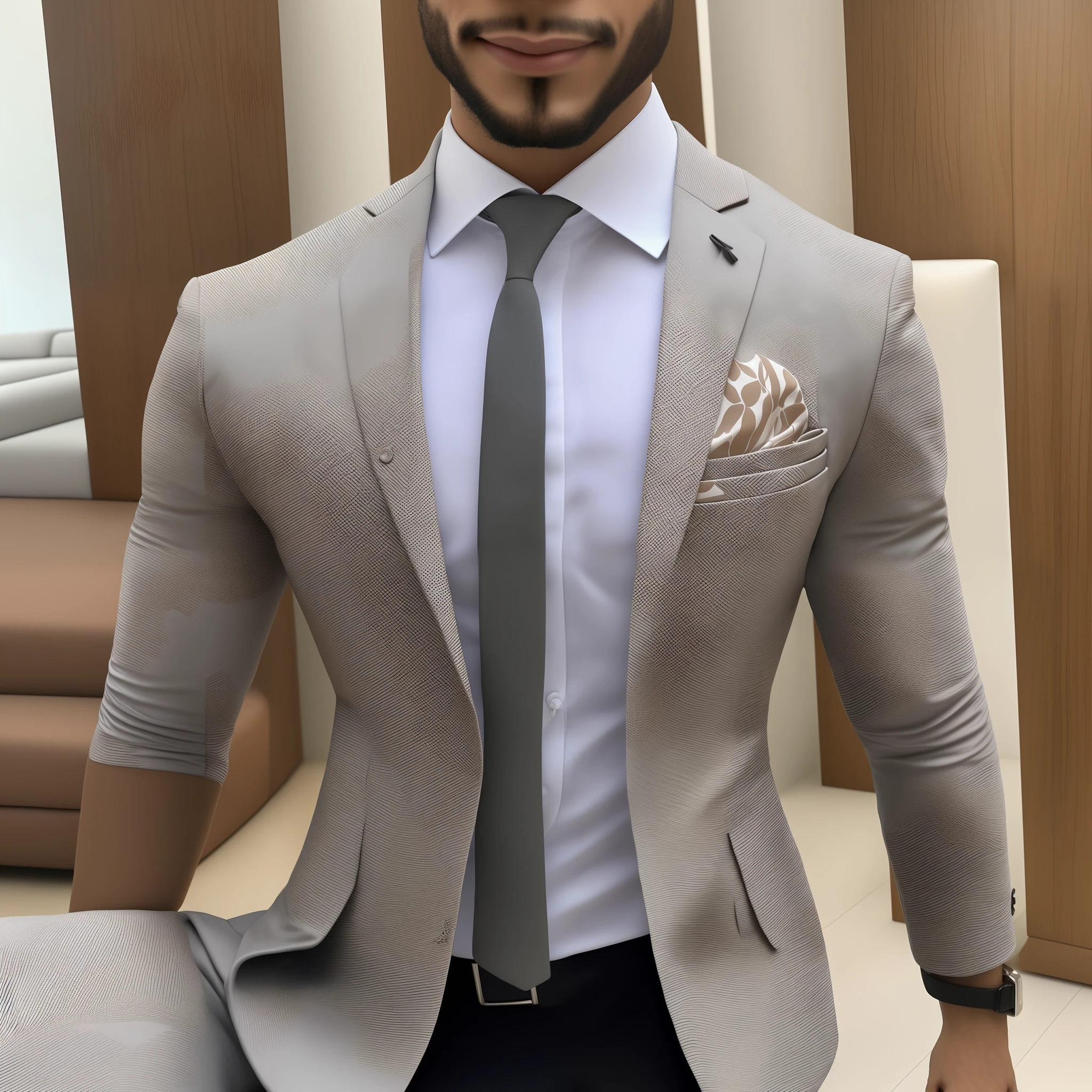 um close up de um garoto com um traje social, with designs of various styles of furniture in the background
