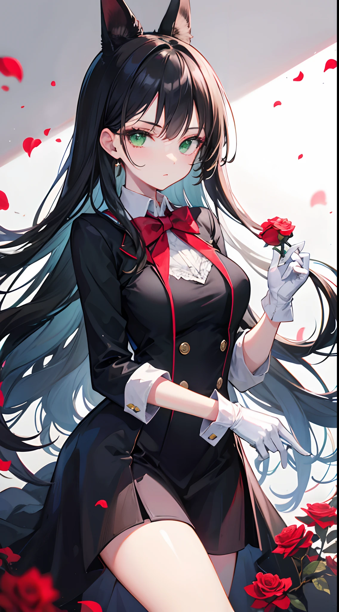 Long black hair, green eyes, black dress, red bow tie, white gloves, monocle, holding a rose, British style