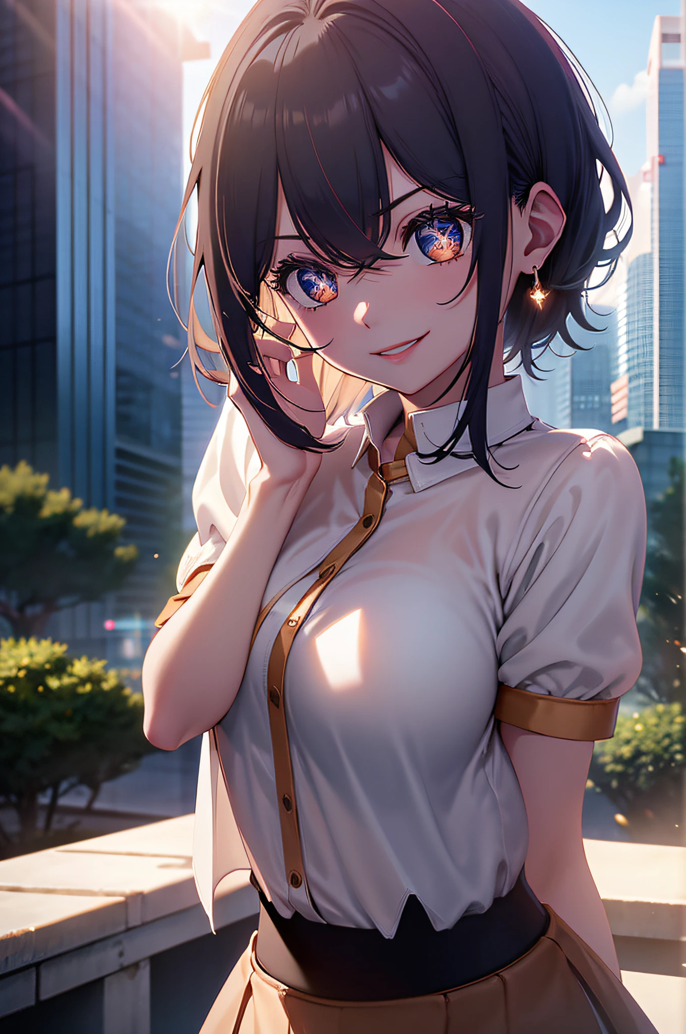 8K, masutepiece, Raw photo, Best Quality, Photorealistic, Highly detailed CG Unity 8K wallpaper, depth of fields, Cinematic Light, Lens Flare, Ray tracing, (Extremely beautiful face, Beautiful lips, Beautiful eyes), intricate detail face, ((Ultra detailed skin)) 1girl in, In the Dark, deepshadow, cute asian girl, Idol, 1 girl, (Very slim and slender fit muscular body:1.3), ((Looking at Viewer)),(Big smile:1.3), ((White collar blouse)), (Short sleeve) , (Large buildings in the daytime, tree, Bolides, (Blurred background) Cityscape, teto, Beautiful earrings, Clear eyes, (pale skin), (Big eyes), Face forward, (Brown hairs),((plaid skirts)), (Looking at Viewer:1.3), opened breast, (Very slim), medium breasts, (Camel toe), Short hair