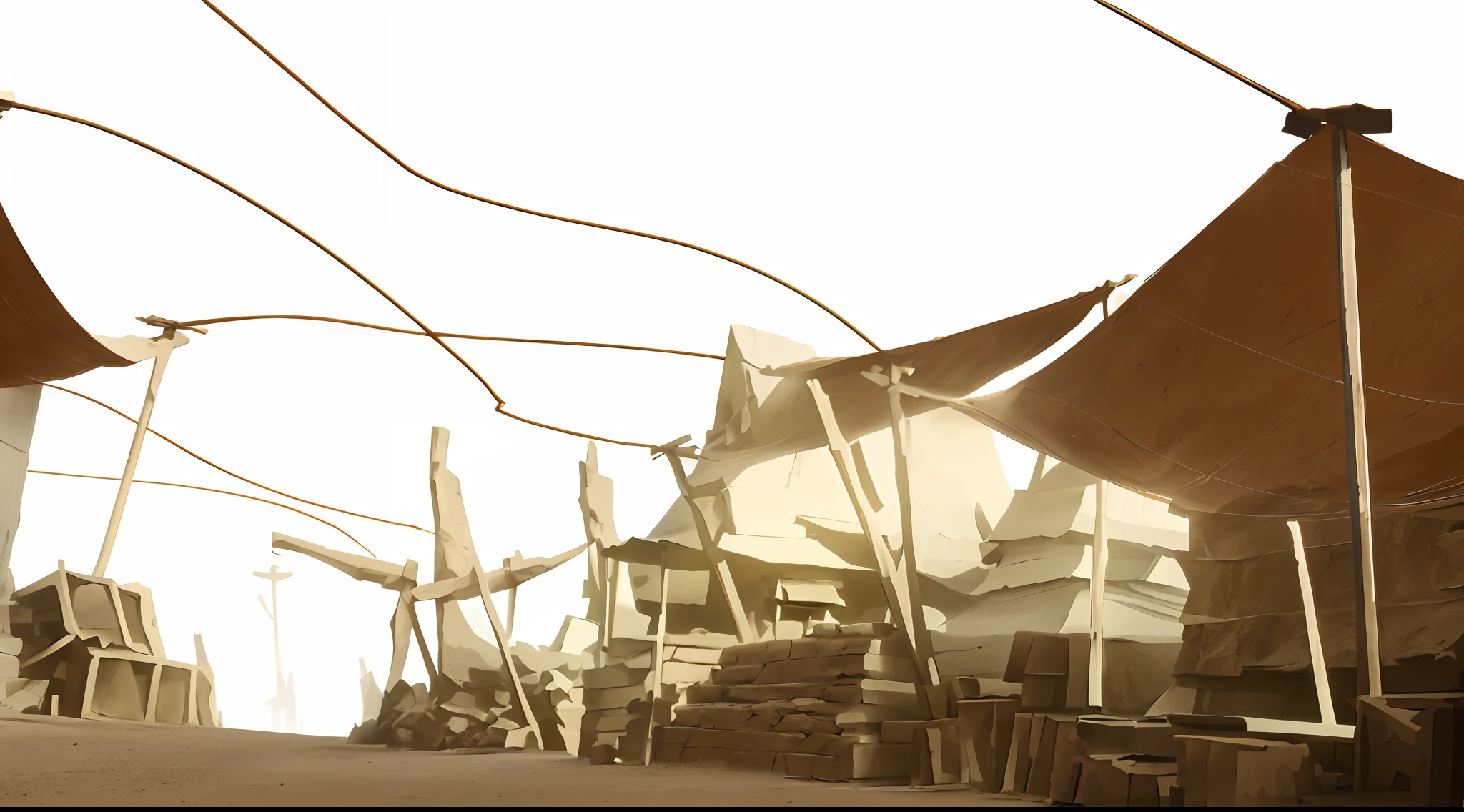desert market building with lots of goods, lots of tents, sand and stone road, lots of tied ropes, lots of tables, lots of tall stone statues, lots of flags tied on ropes, Makoto Shinkai style render, anime style, 2D style render, bones and skulls, sand dunes, cloth roofs, wooden posts,