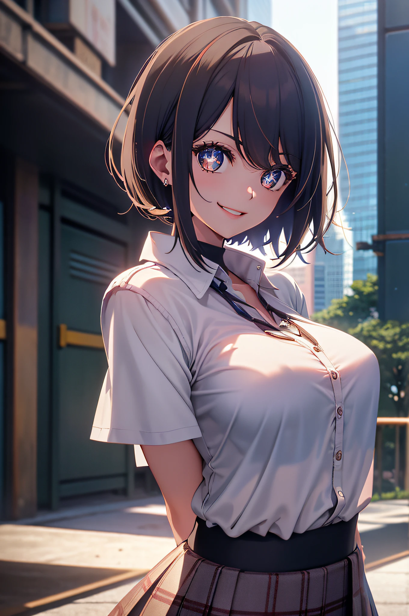 8K, masutepiece, Raw photo, Best Quality, Photorealistic, Highly detailed CG Unity 8K wallpaper, depth of fields, Cinematic Light, Lens Flare, Ray tracing, (Extremely beautiful face, Beautiful lips, Beautiful eyes), intricate detail face, ((Ultra detailed skin)) 1girl in, In the Dark, deepshadow, cute asian girl, Idol, 1 girl, (Very slim and slender fit muscular body:1.3), ((Looking at Viewer)),(Big smile:1.3), ((White collar blouse)), (Short sleeve) , (Large buildings in the daytime, tree, Bolides, (Blurred background) Cityscape, teto, Beautiful earrings, Clear eyes, (pale skin), (Big eyes), Face forward, (Brown hairs),((plaid skirts)), (Looking at Viewer:1.3), opened breast, (Very slim), medium breasts, (Camel toe), Short hair