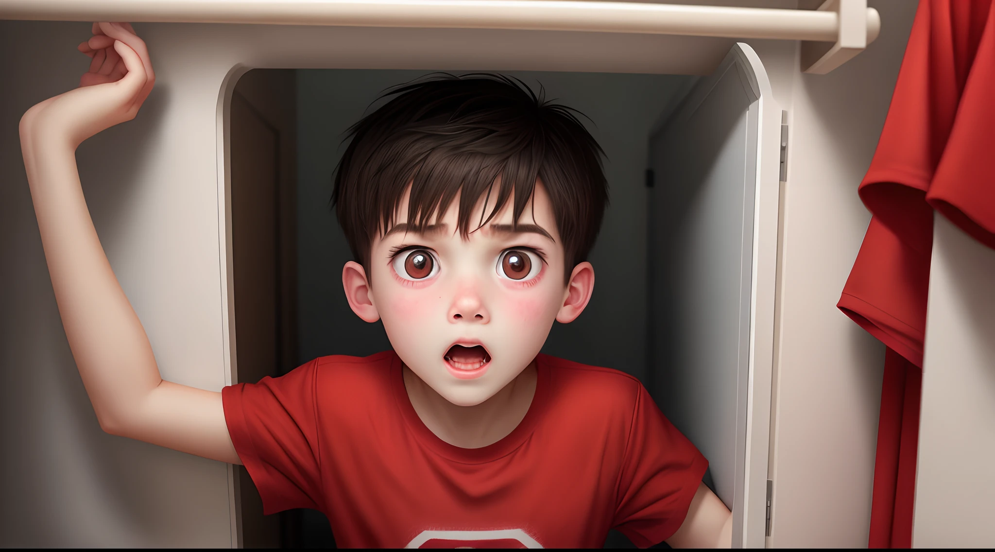 scared kid in closet with red shirt on