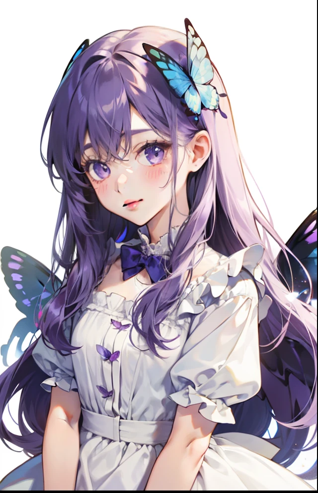 girl with、Background white、without background、Purple hair、The long-haired、with blush cheeks、Embarrassing、White Dress、butterflys々、Butterfly wings grow、frilld、bow ribbon、kawaii、without background