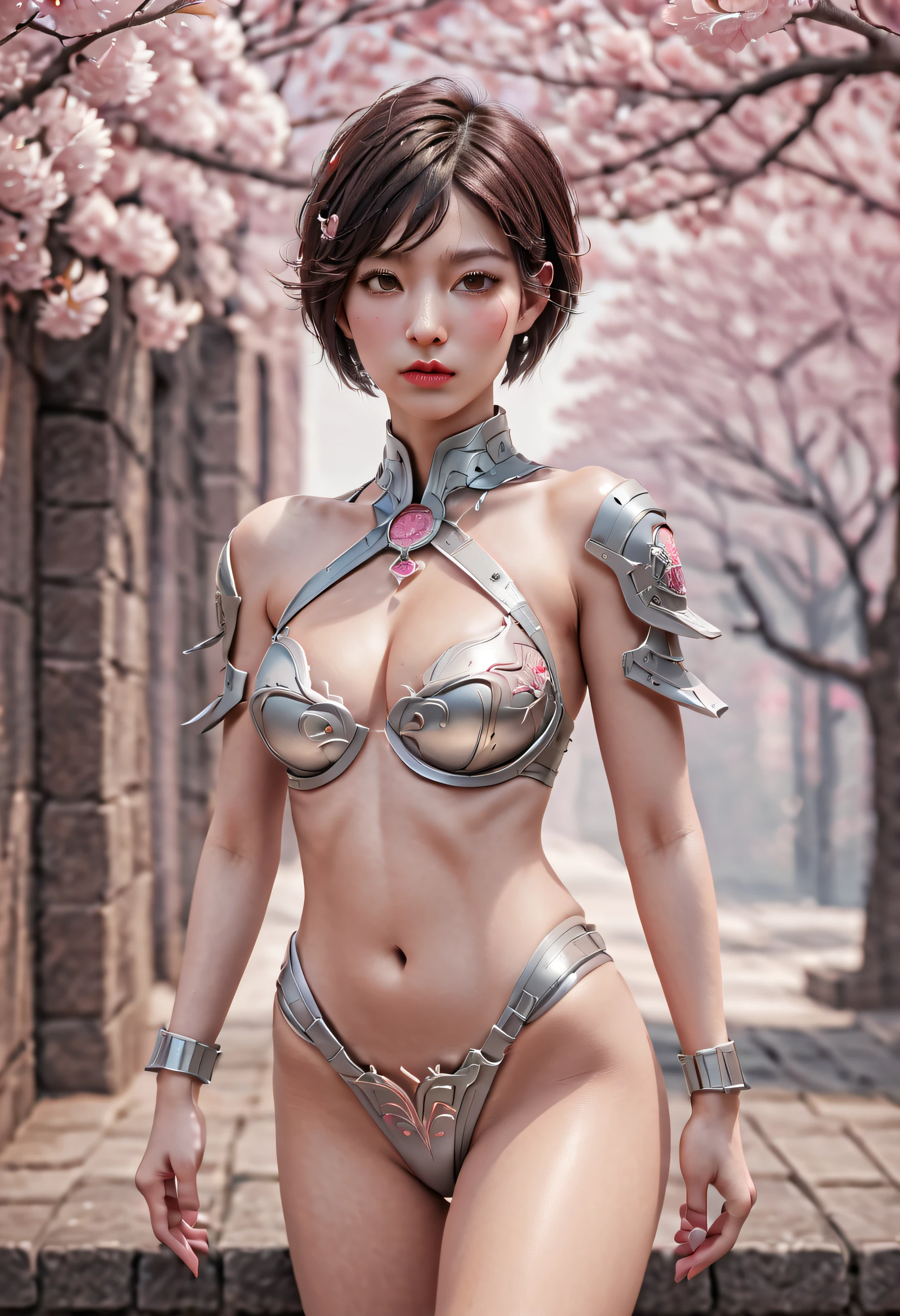 beautiful japanese young woman, wearing cyborg armor, thick symmetrical features, very short hair, background is cherry blossoms, pink aura, red lips, octane render,