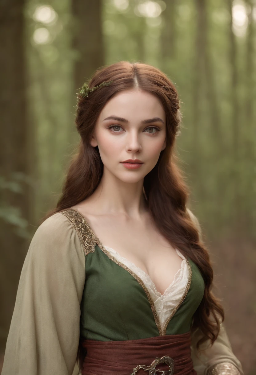 body shot, fair complexion, gorgeous voluptuous elven girl around 17 years old, curvaceous body, small breasts, cleavage, thin waist, thick large hips, walking in the forest, very curly white hair, distinctive green eyes, wearing kohl, slender and graceful, wearing high heels, short skirt, beautiful, candlelight in a medieval setting, ultra sharp focus, realistic shot, medieval female clothes, tetradic colors (scar:1.4)