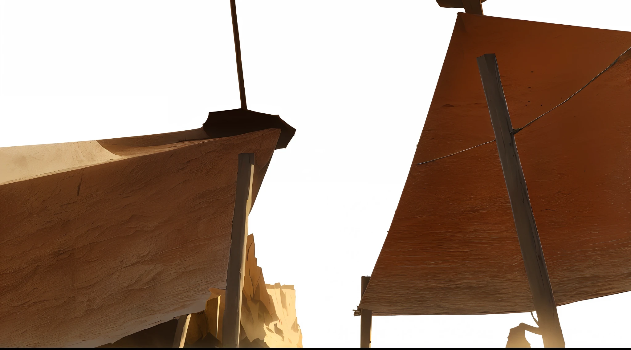 desert market building with lots of goods, lots of tents, sand and stone road, lots of tied ropes, lots of tables, lots of tall stone statues, lots of flags tied on ropes, Makoto Shinkai style render, anime style, 2D style render, bones and skulls, sand dunes, cloth roofs, wooden posts,