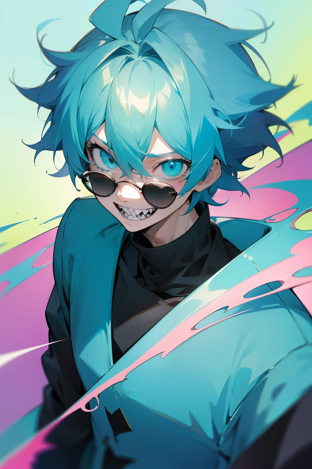 A close up of a person with blue hair and sunglasses - SeaArt AI