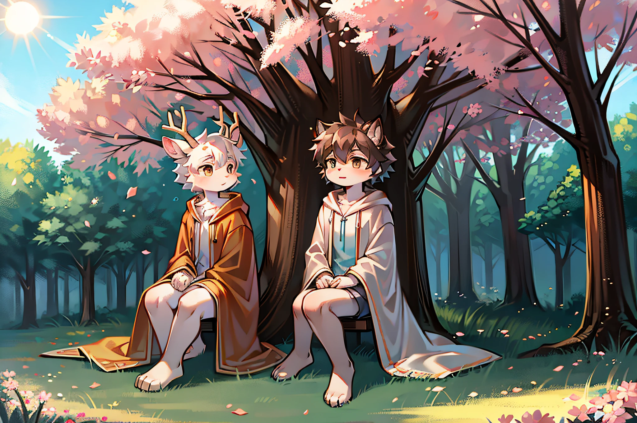 A white deer in a white robe，A gray wolf in an orange robe，Sit under a peach blossom tree，falling flower petals，bright sun，clear blue skies，In the garden，Double，Shota，adolable，Ambiguous gender，grassy fields，Leaning together，serene，Gamine