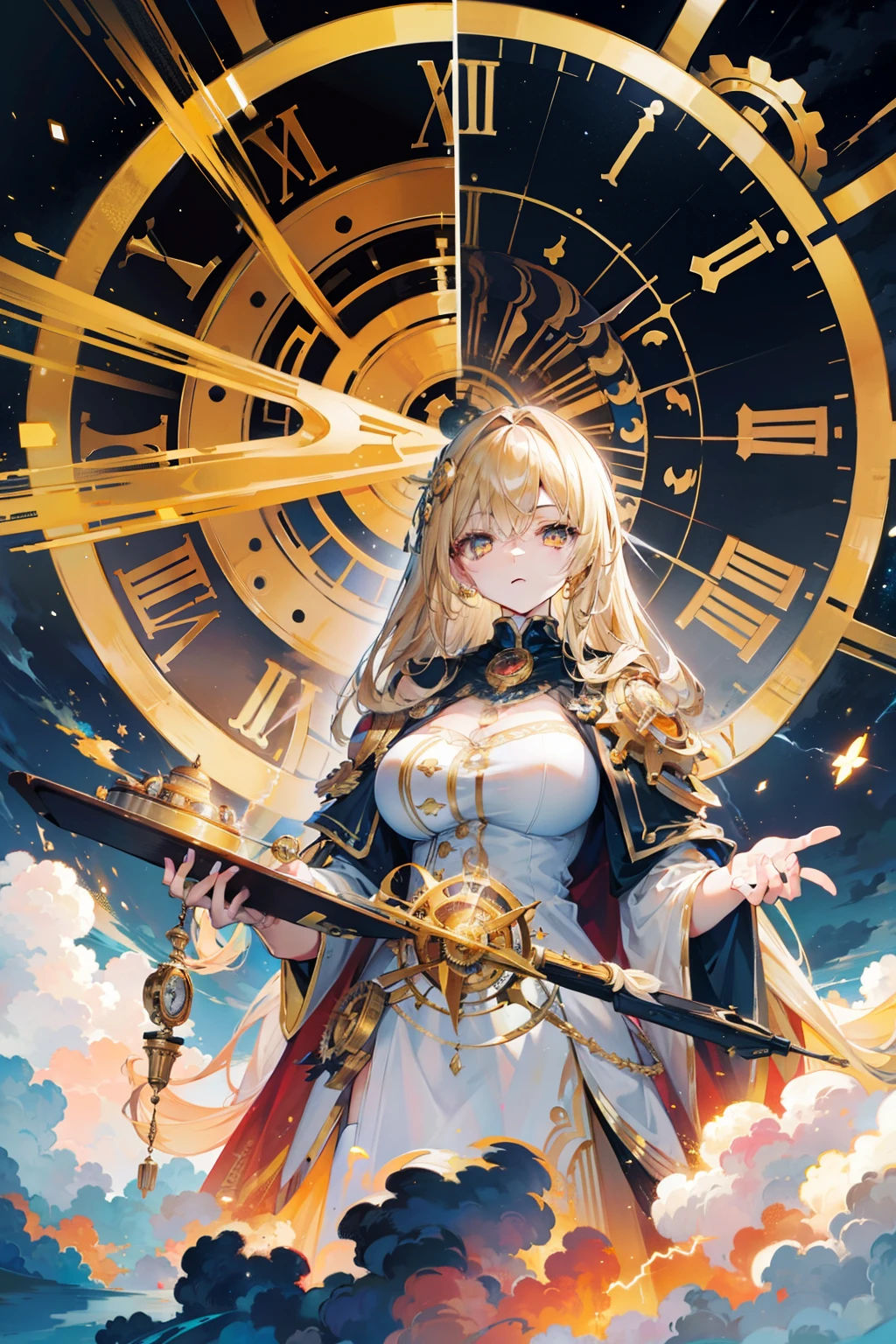 Beautiful large golden eye, with a golden clock with many gears in the middle of the eye, surrounded by clouds and lightning, eye is extremely detailed and endlessly deep, giant eye is overlooking a nebula, detailed, masterpiece.