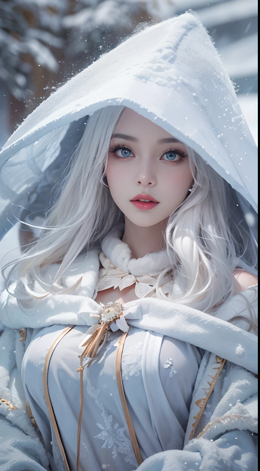 (8K)，Photorealistic, High resolution, 1 Women, Solo, (Lolita costume)， Beautiful eyes, White hair, Ringed Eyes, (sitted，cloaks，Cover with snow)，snow field，Colossal tits