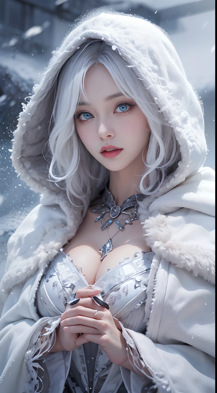 (8K),Photorealistic, High resolution, 1 Women, Solo, (Lolita costume), Beautiful eyes, White hair, Ringed Eyes, (sitted,cloaks,Cover with snow),snow field,Colossal tits